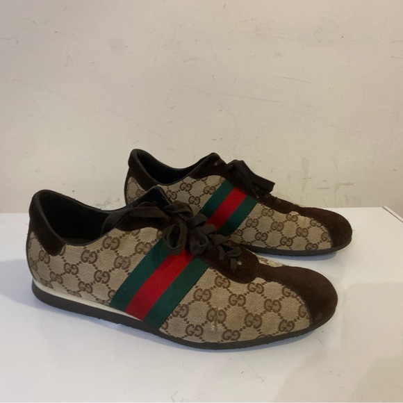 Gucci Brown/Beige Suede And GG Canvas men shoes Sneakers Sz G 10 US 11 - Picture 3 of 15